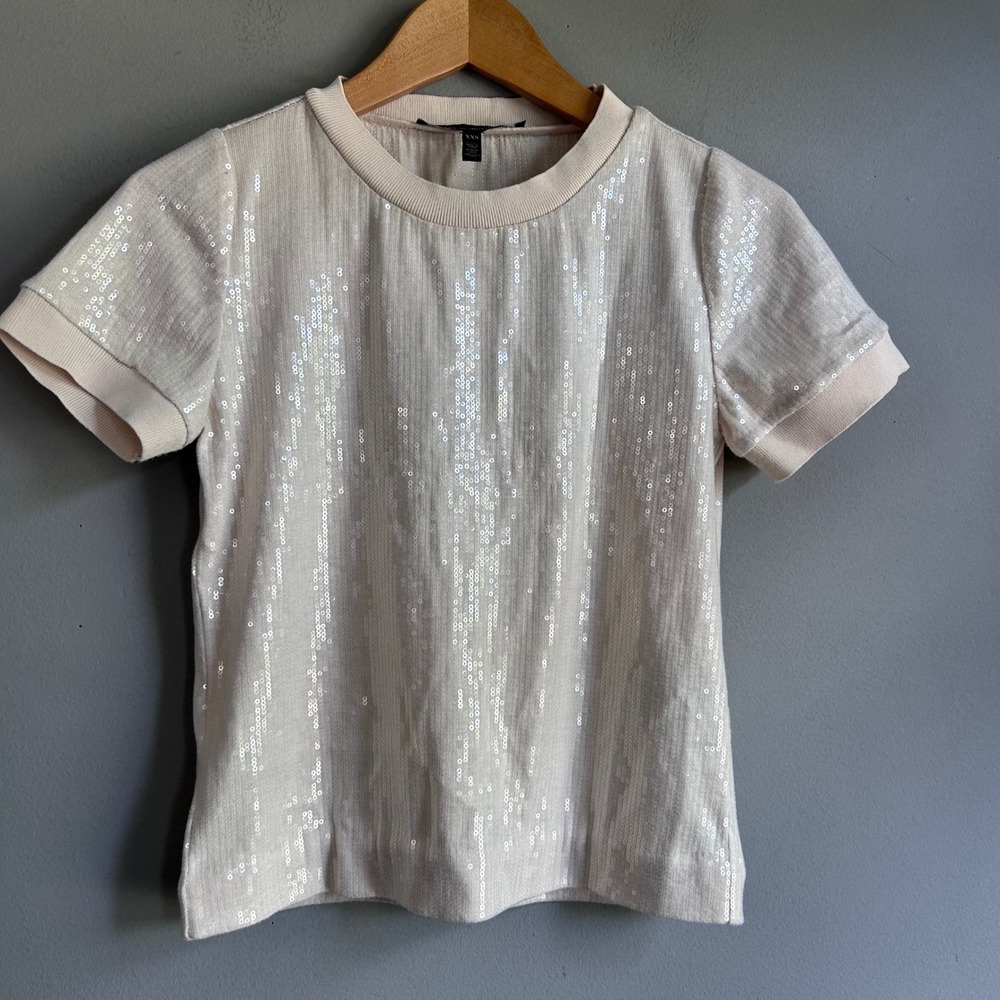 White House Black Market XXS Sequin Stripe Short Sleeve Top Cream Ivory Sparkle